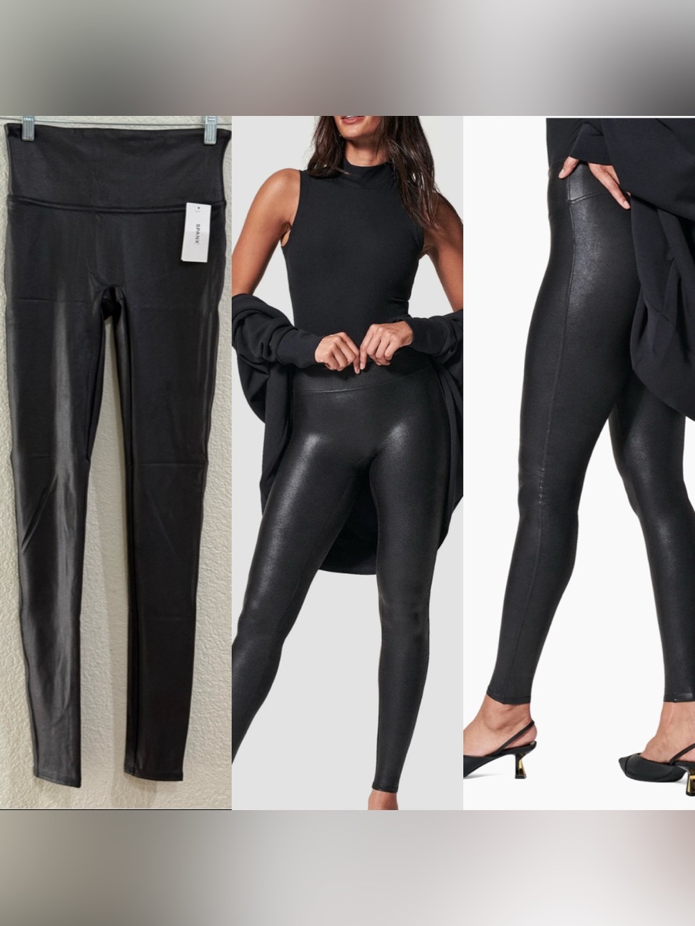 SPANX Faux Leather Glossy Finish Black High-Rise Leggings Size Medium Tall